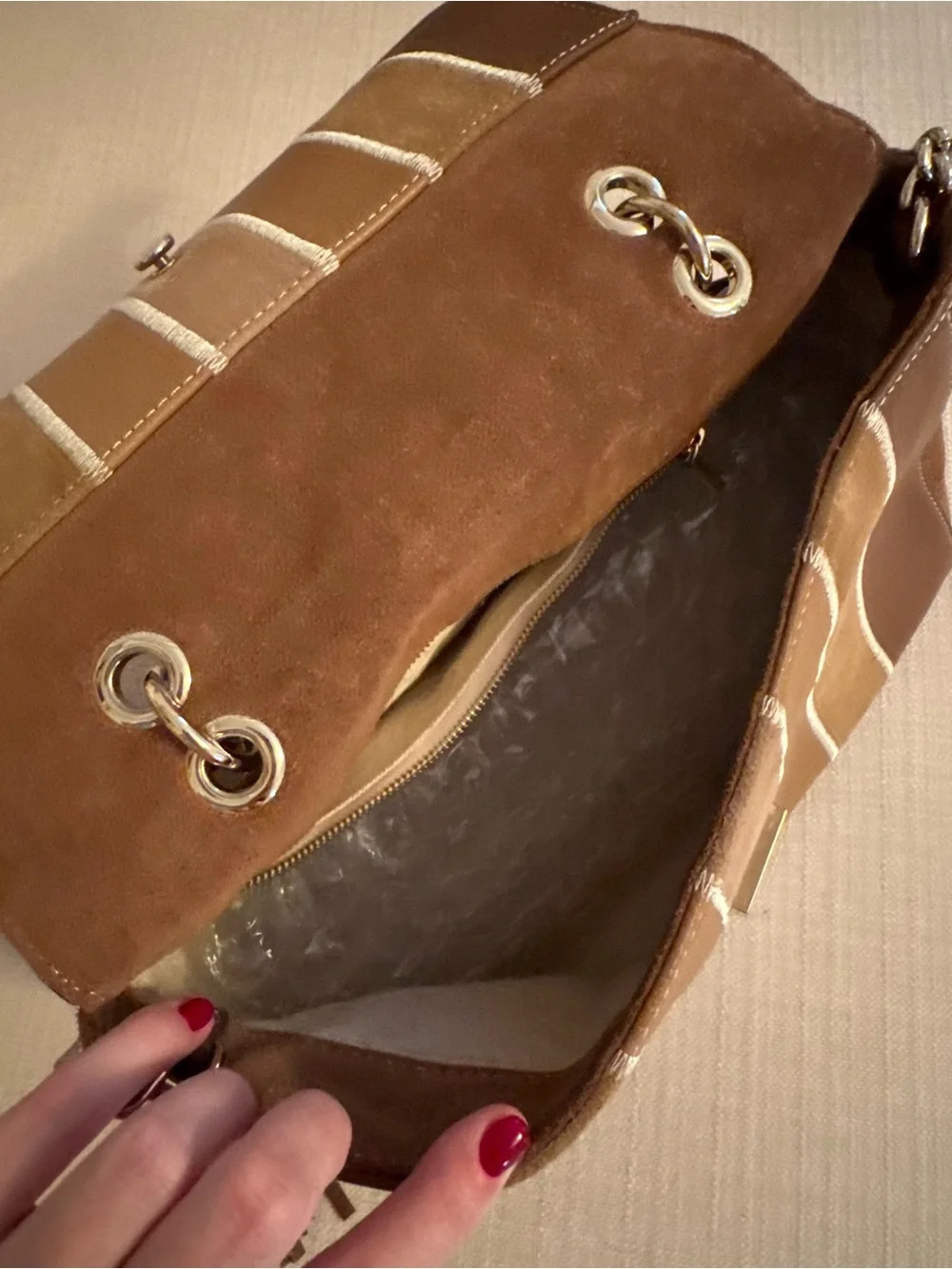 PURIFICACION GARCIA Leather Top-Handle Shoulder Bag in Brown and Tan